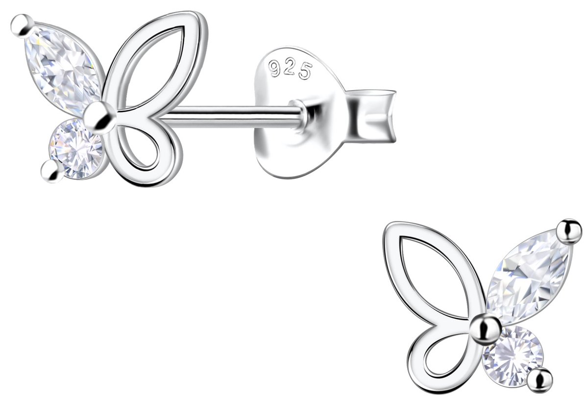 Joy|S - Zilveren vlinder oorbellen - 7 x 6 mm - marquise zirkonia - gepolijst - sterling zilver 925 - vlindertjes oorknoppen