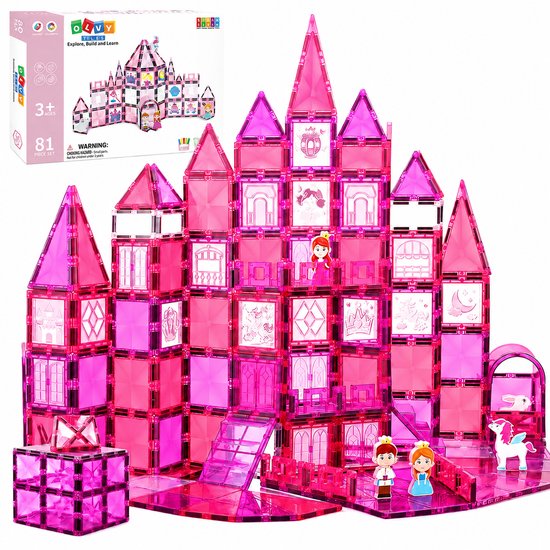 Trellis magnétiques roses en forme de château avec des tours, des fenêtres et des figurines de princesse et de prince. 81 pièces.