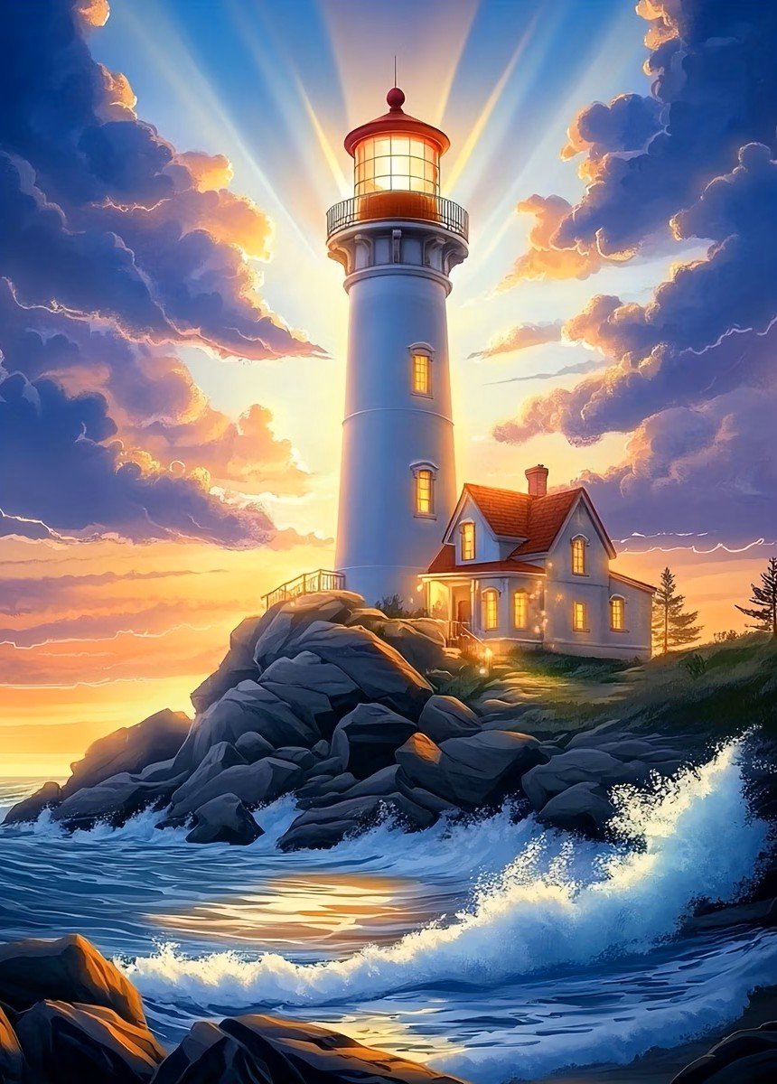 50x40cm Diamond Painting vuurtoren zonlicht (rond) nr 89