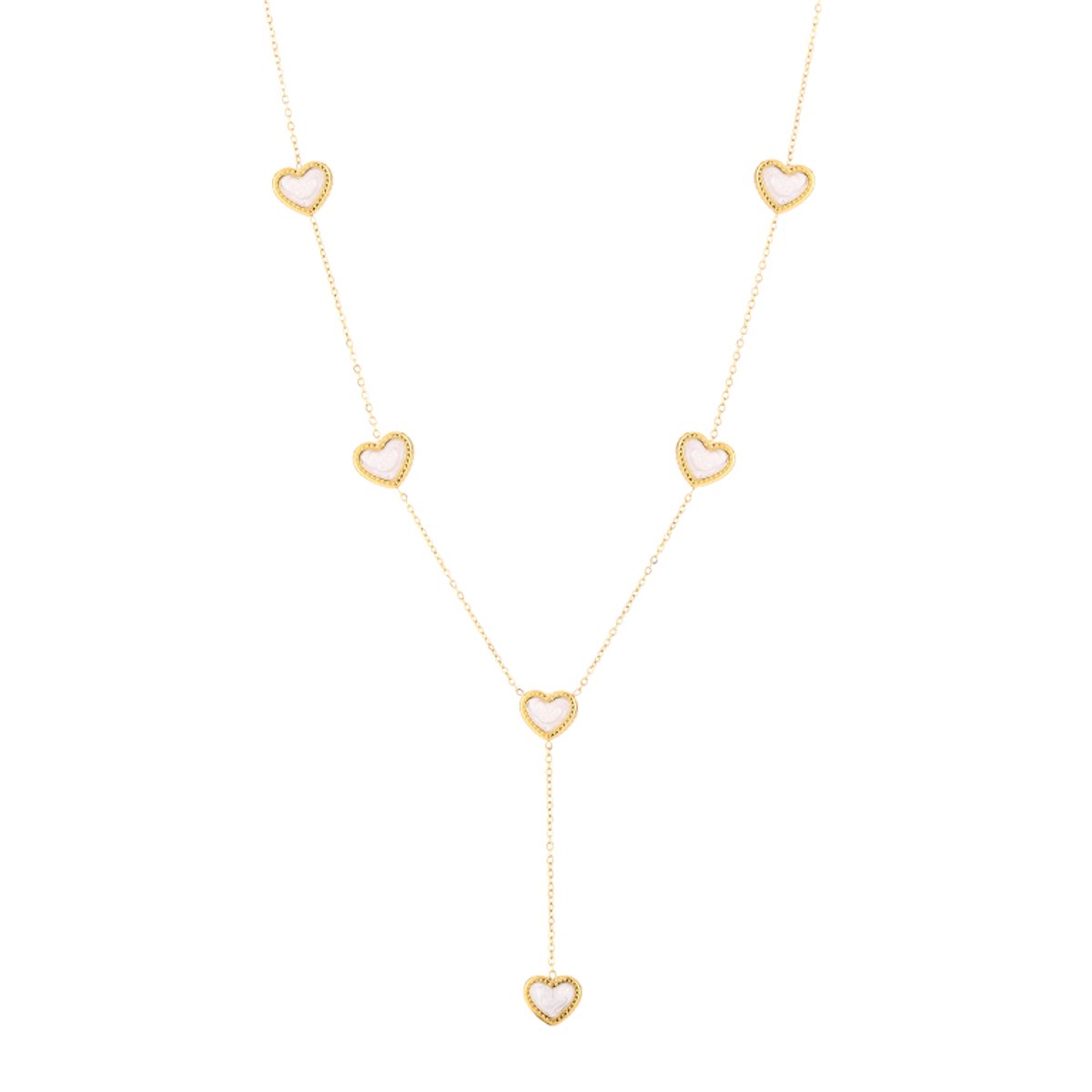 Dames Y-Ketting met Hartjes - Lange Y-Vormige Schakelketting - Stainless Steel / RVS - 60 cm (+5 cm) - Wit