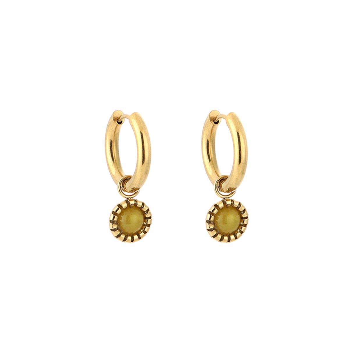 Stainless Steel Bezel Set Gemstone Charm Hoops – Luxe Natuursteen Bedel Oorringen – RVS - Geel