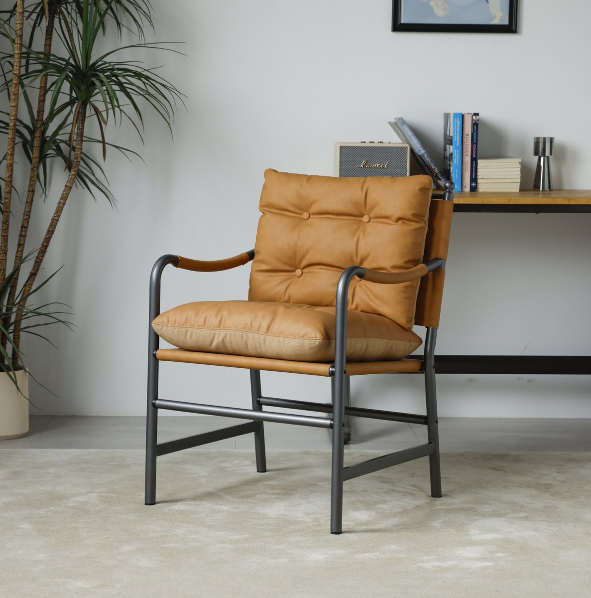 HAUSS SPOLE Fauteuil - Retro Loungefauteuil Met Armleuningen - Comfortabele Zitstoel Voor Woonkamer En Slaapkamer - Kunstleer Bruin