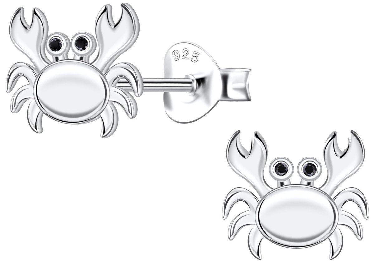 Joy|S - Zilveren krab oorbellen - 8 x 7 mm - zirkonia zwart - gepolijst - sterling zilver 925 - krab vis - zeedier / oceaan oorknoppen