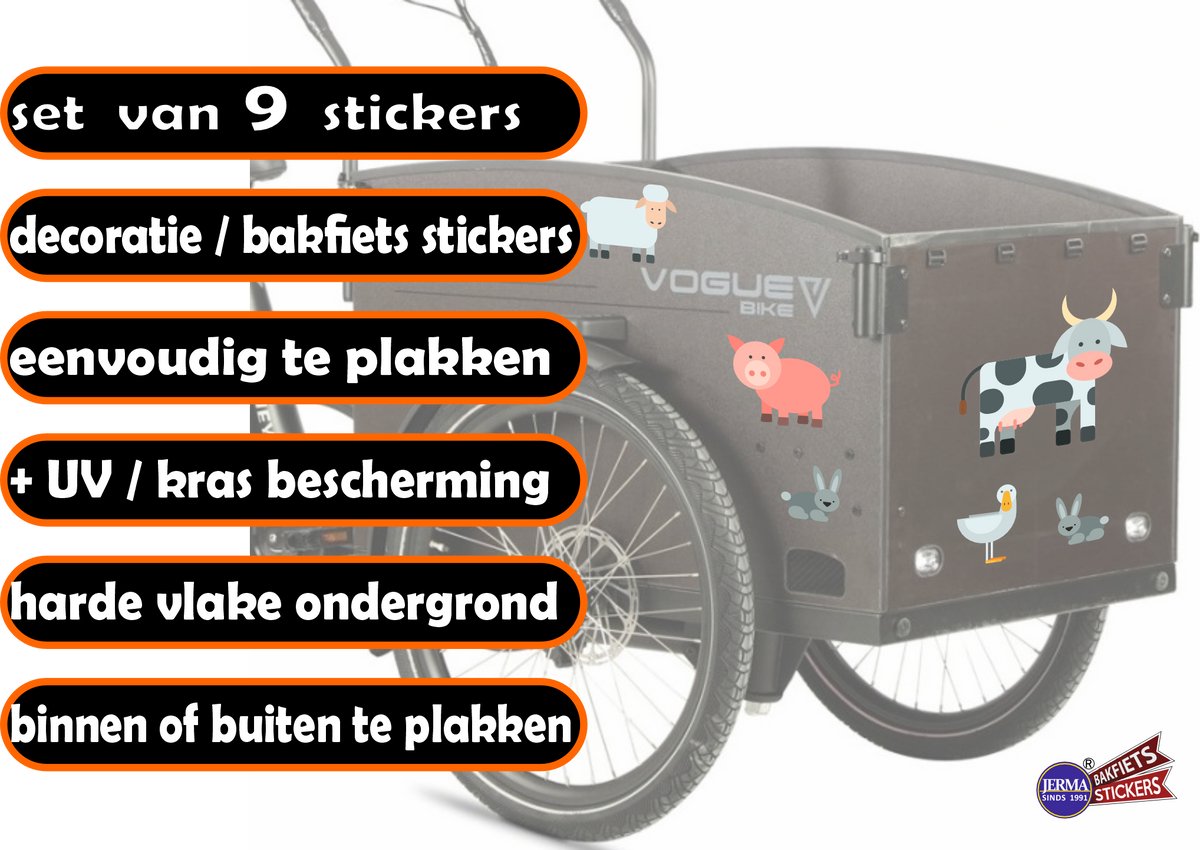 JERMA - Bakfiets - Stickers - Boerderij dieren - 9 st. - div. maten - Weerbestendig - Zelfklevend