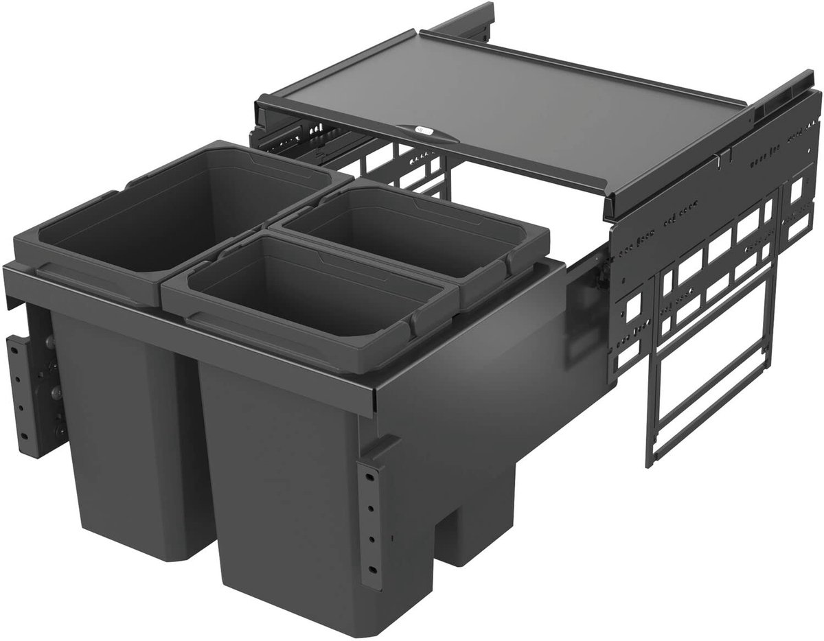 SnelShoppen - Inbouw Afvalbak Envi Space S 500 mm - Vuilnisemmer 2 Vakken Afvalscheidingssysteem - Kunststof Lavagrijs - 1x12L en 2x15,5L voor Keuken