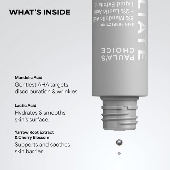 Fles met Paula's Choice Skin Perfecting 6% Mandelic Acid + 2% Lactic Acid Liquid Exfoliant, met tekst over ingrediënten.