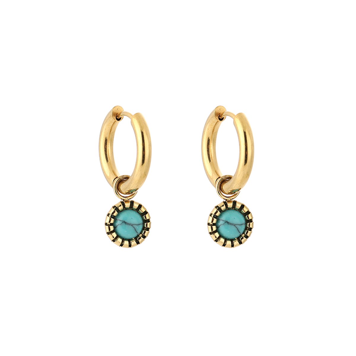 Stainless Steel Bezel Set Gemstone Charm Hoops – Luxe Natuursteen Bedel Oorringen – RVS - Turquoise