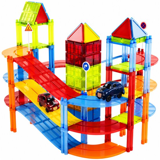Magnetic Tiles Racebaan - 126 Stuks - Magnetisch Speelgoed - Magnetische Tegels - Educatief & Constructie - Auto's - Montessori - Bouwstenen - Bouwblokken - Voor 3, 4, 5, 6, 7, 8, 9 Jaar - Bouw je Magna Wereld - Kinderen - Olvy