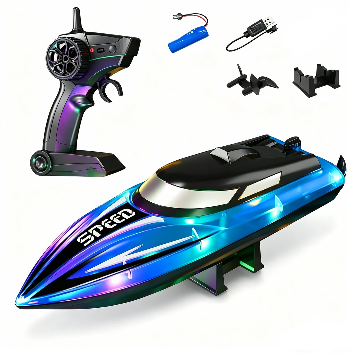 Blauw RC-boot voor kinderen, op afstand bestuurbare boot voor zwembad en meer, met ledverlichting | 2,4 GHz-besturing, verbeterd waterdicht waterspeelgoed, eenvoudig te besturen, zomergeschenk voor jongens en beginners