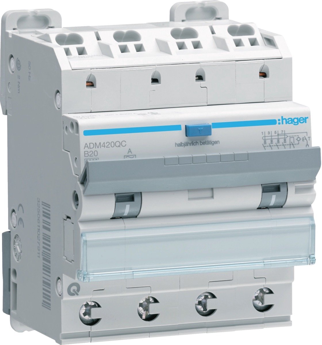 Hager aardlekautomaat B20 30mA 4P 6kA quickconnect (ADM420QC)