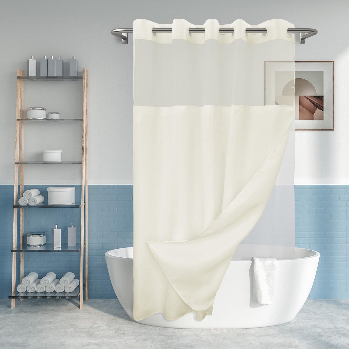 SnelShoppen - Douchegordijn zonder haak - Geweven PEVA-voeringset - Hotelstijl Crème - 71 x 74 inch - Waterafstotend met Doorschijnend Bovenvenster