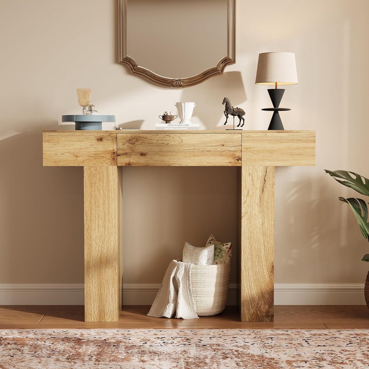 Boerderijstijl eikenhouten consoletafel met opberglade – 47" smalle rustieke salontafel – Stevig & voorzien van kantelbeveiliging – Verhoogd tafelblad – Eenvoudig te monteren – 120×85×35 cm