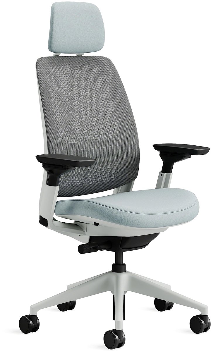 SnelShoppen - Ergonomische bureaustoel in hoogte verstelbaar met lendensteun, armleuningen, ademend grijs Netwave stof, comfortabele lichtblauwe bekle