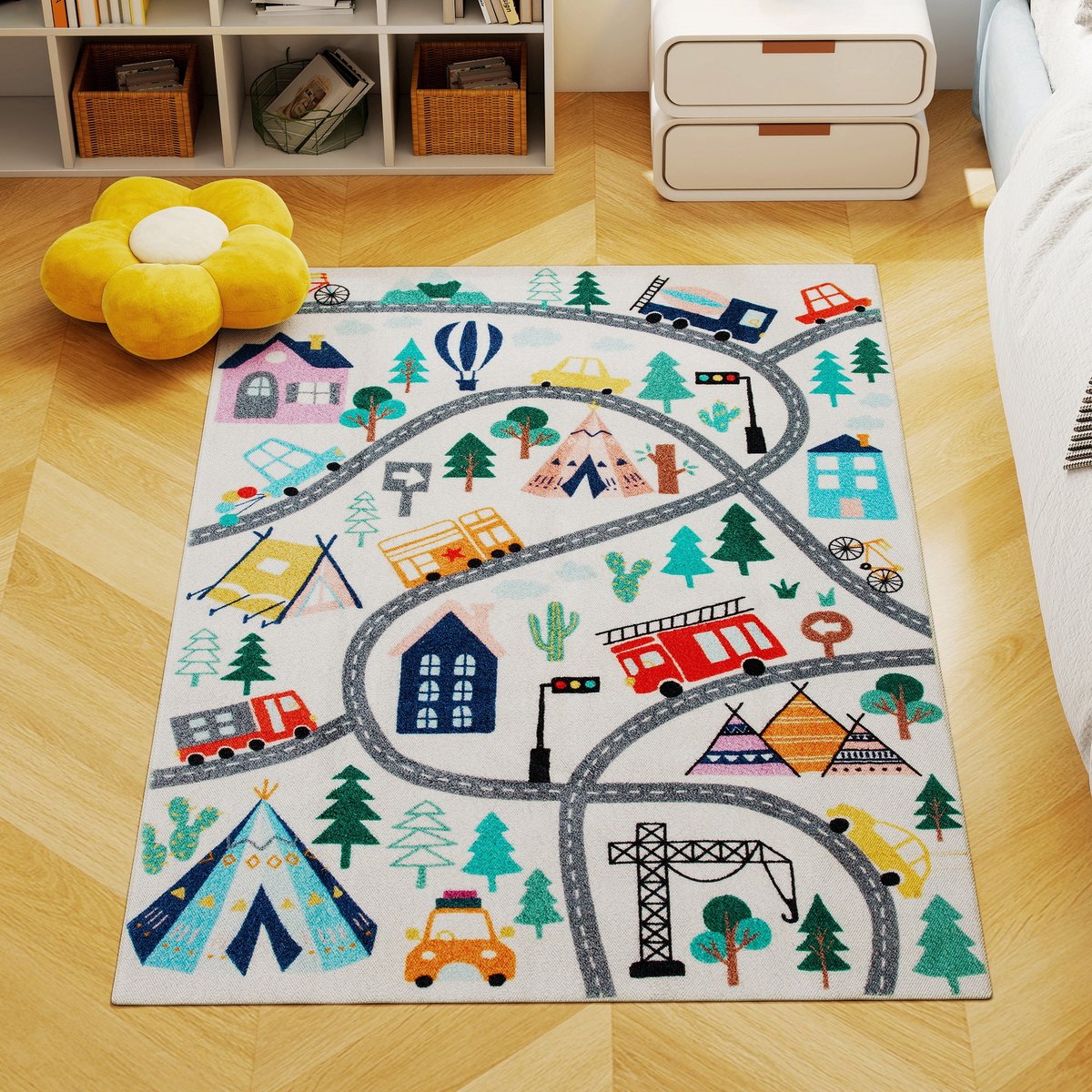 TEKROA® Speelkleed - Speelmat - Vloerkleed voor Kinderkamer - Kinderkleed met Autobaan - Antislip Kindertapijt - 160 x 120 cm Wit - Zacht