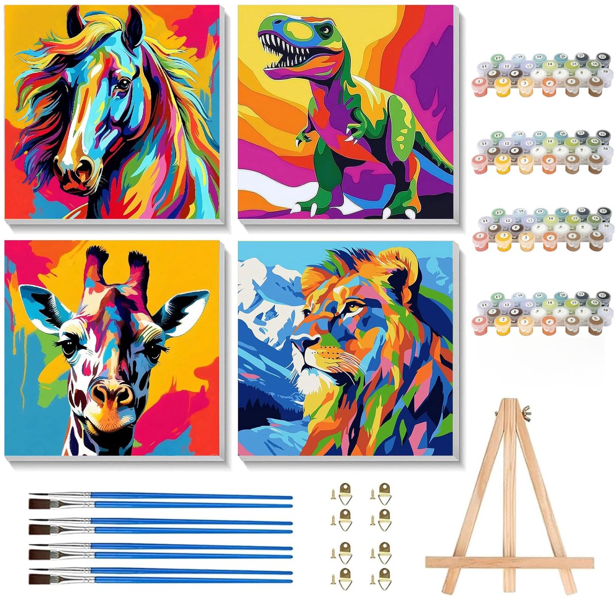 SnelShoppen - 4-delige set Schilderen op nummer voor kinderen met houten lijst - Giraffe en Leeuw schilderen op nummer voor kinderen vanaf 7, 8, 12 ja