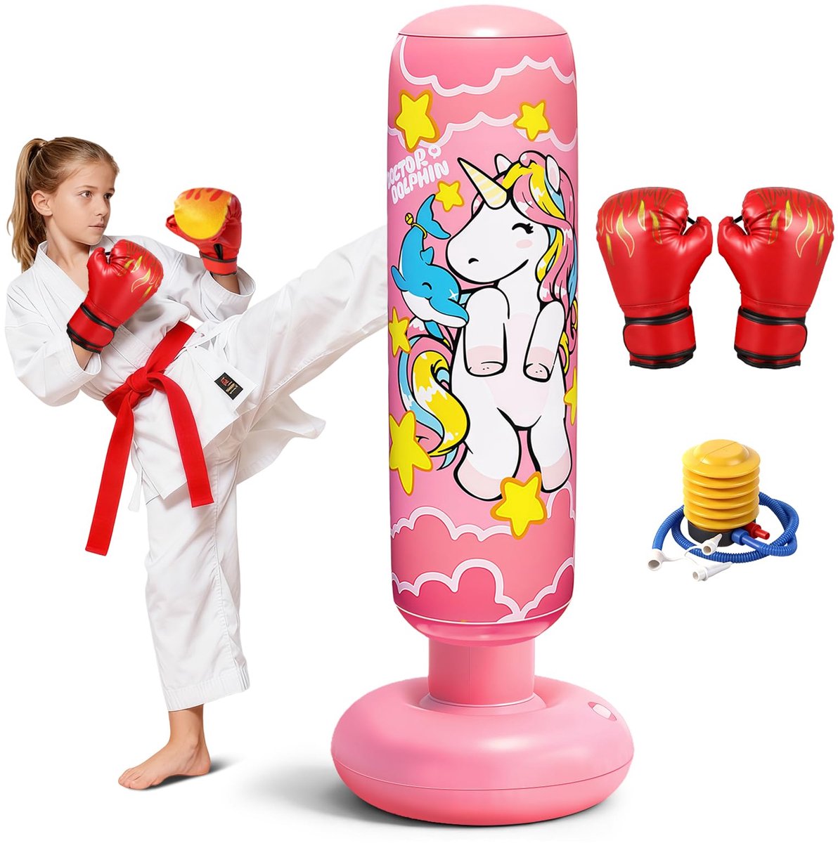 SnelShoppen - Flintronic Bokszak voor Kinderen 120 cm - Opblaasbare Boksbal met Bokshandschoenen - Stabiele Training voor Thuis, Fitnessstudio, Taekwo