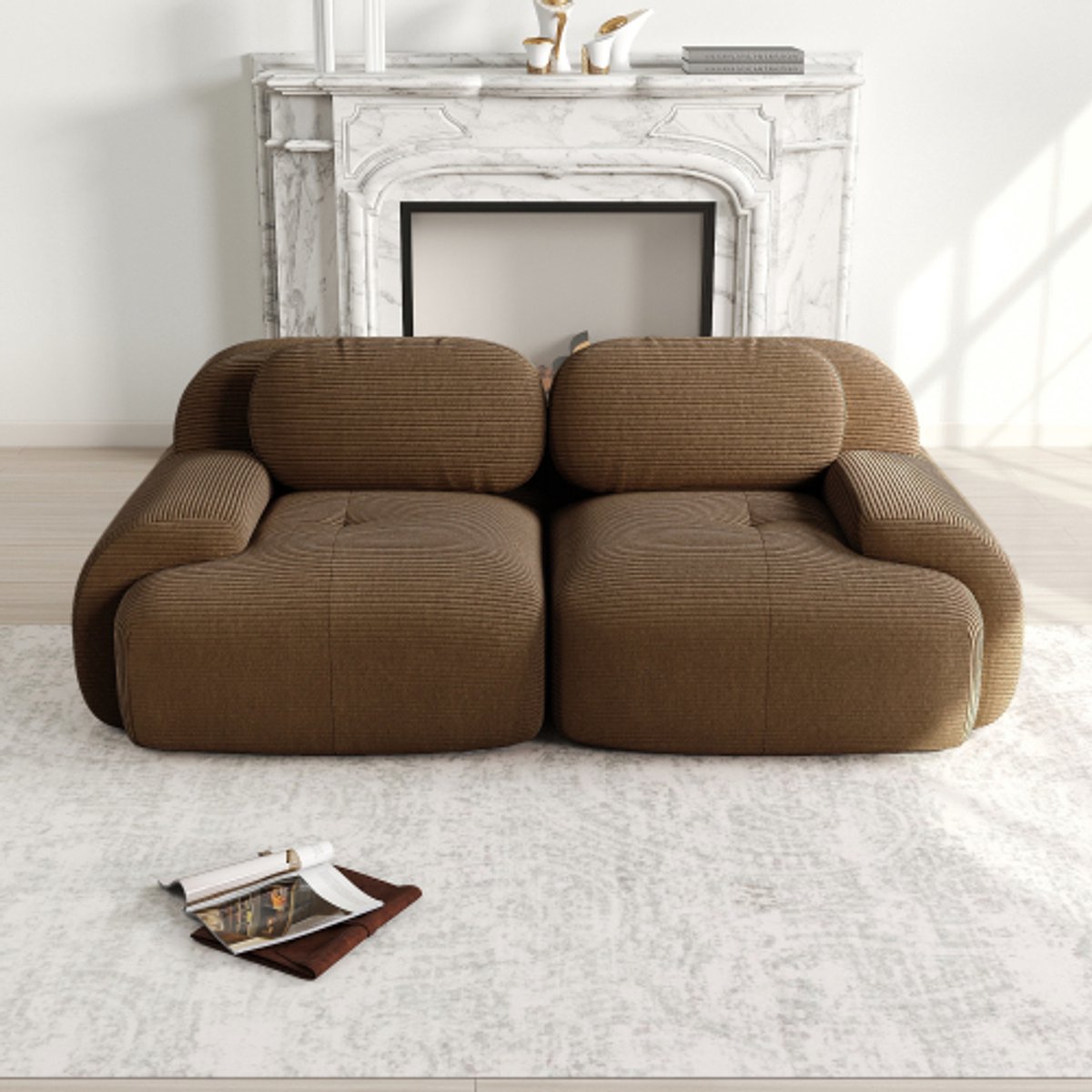 Hoekbank - Hoekbank van Zachte Corduroy – Bank Zonder Frame - Geen installatie Nodig - Comfortabele Zitzak Stoel – Beanbag voor Woonkamer en Slaapkamer - Bruin