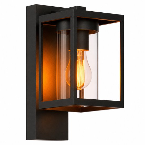 Zwarte wandlamp met open, vierkante buitenkader en glazen cilinder met een E27-lamp.