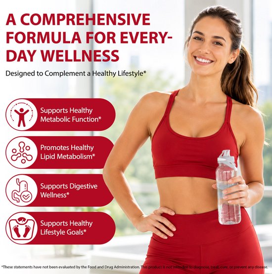 Vrolijke vrouw in sportkleding met bidon, naast rode schermen met iconen voor metabolisme, lipiden, spijsvertering en levensstijl. "Een complete formule voor dagelijkse wellness".