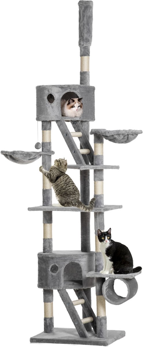 Krabpaal plafondhoog 240-260 cm lichtgrijs - Kattenhol - Hangmat - Sisalstammen - Meerlaags - Geschikt voor grote katten