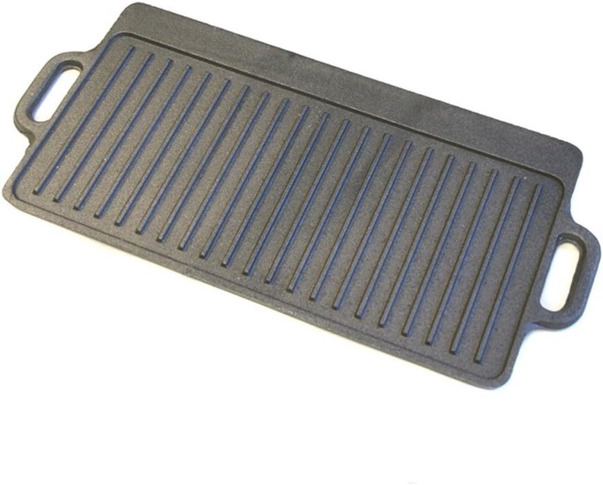 Gietijzeren Grillplaat - Bakplaat Dubbelzijdig - Binnen Grillen - Gladde en Geribbelde Zijde - 45 x 23 cm - Zwart