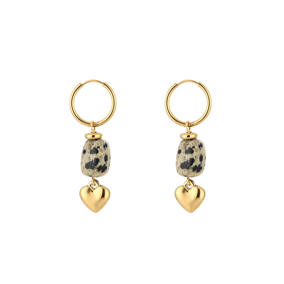 Stainless Steel Gemstone & Puffy Heart Charm Hoops – Luxe Natuursteen & Puffy Hart Oorringen – RVS - Leopard