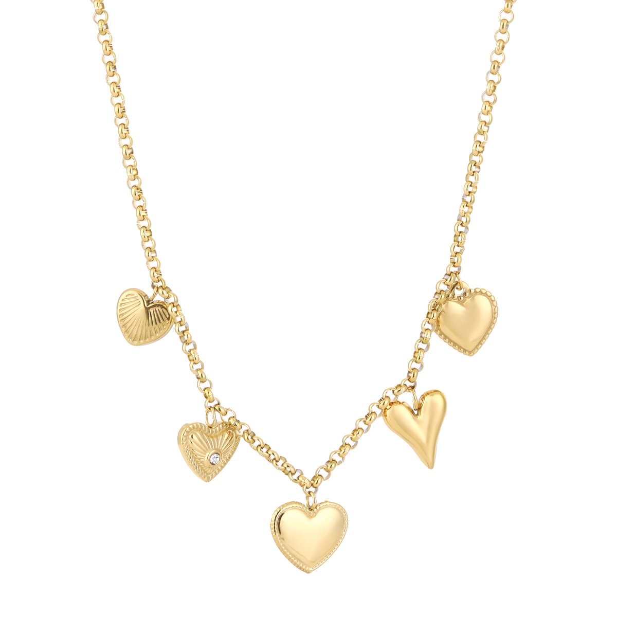 Dames Ketting met Hartjes Bedels - Bedelketting met Gevarieerde Hartjes - Charms - Stainless Steel / RVS - 40 cm (+5 cm)
