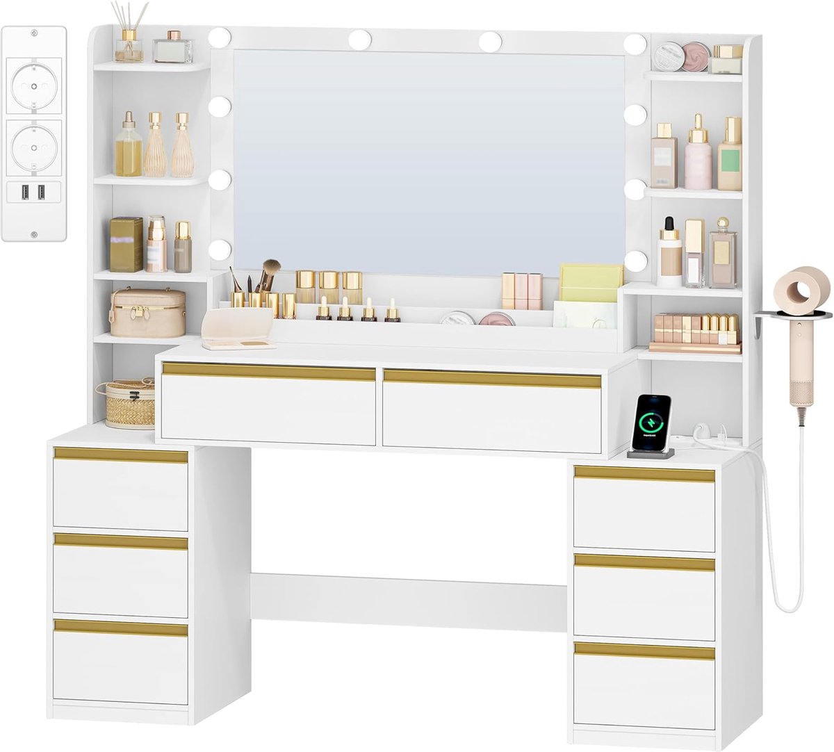 Grote Kaptafel met 3 Kleuren Ledverlichting, Make-uptafel met Spiegel en Verlichting, Stopcontacten, Haardrogerhouder, 8 Laden, Meerdere Open Opbergruimtes, 40 x 135 x 145,2 cm, Wit-Goud