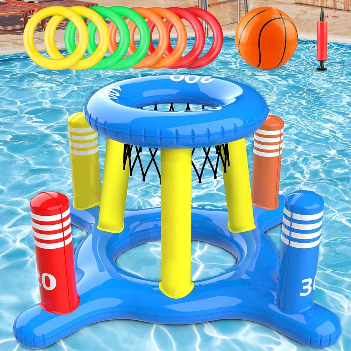 Opblaasbaar waterspeelgoedset, 2-in-1 opblaasbaar zwembadspeelgoed, drijvende basketbalkorf en werpmandspeelgoed, buiten