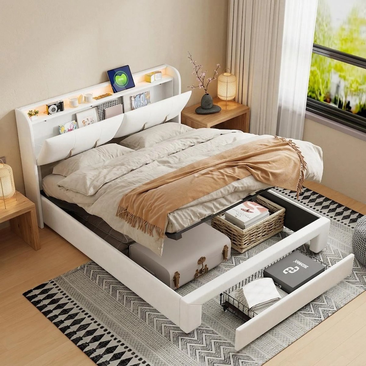 MEXUS Gestoffeerd bed 160x200 cm met LED-verlichting, USB-oplaadpoorten en opbergruimte – Fluwelen tweepersoonsbed met Lattenbodem opbergruimte en hydraulisch liftsysteem – Beige – Zonder matras