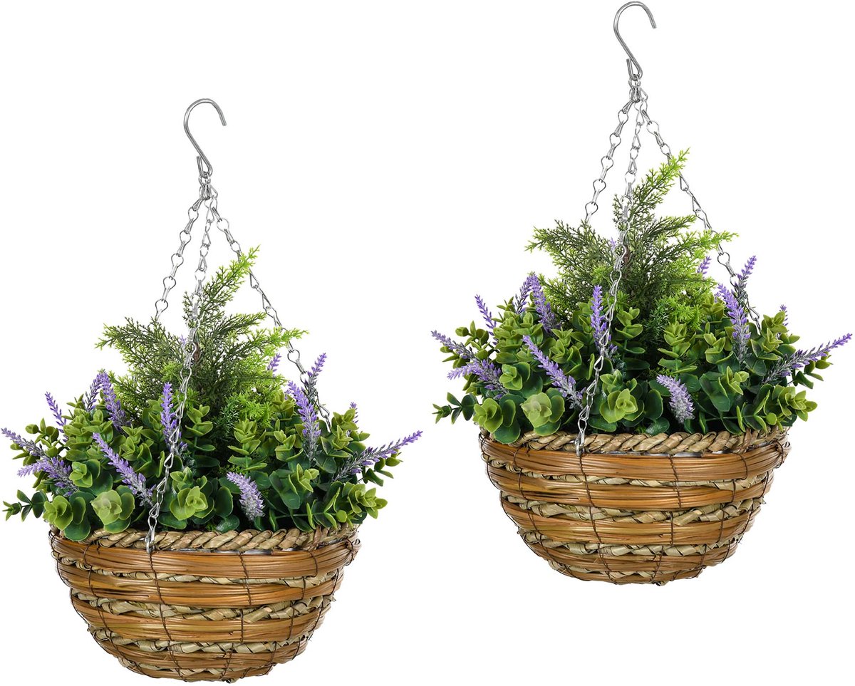 TEKROA® Set van 2 Kunst Kunstplant - Hangplanten met Paarse Bloemen - Inclusief Rieten Pot - Realistische Nepplant voor Binnen en Buiten