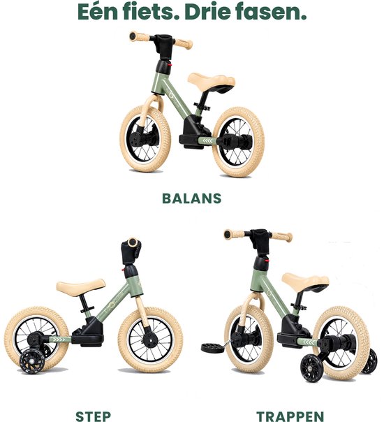 Drie fasen Kidcruiser loopfiets: balansfiets, fiets met zijwielen en driewieler met trappers, in zachtgroen en crème.