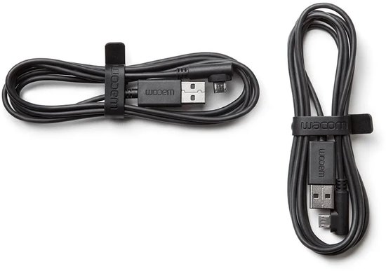 Twee zwarte Wacom USB-kabels, een met een rechte hoekconnector.