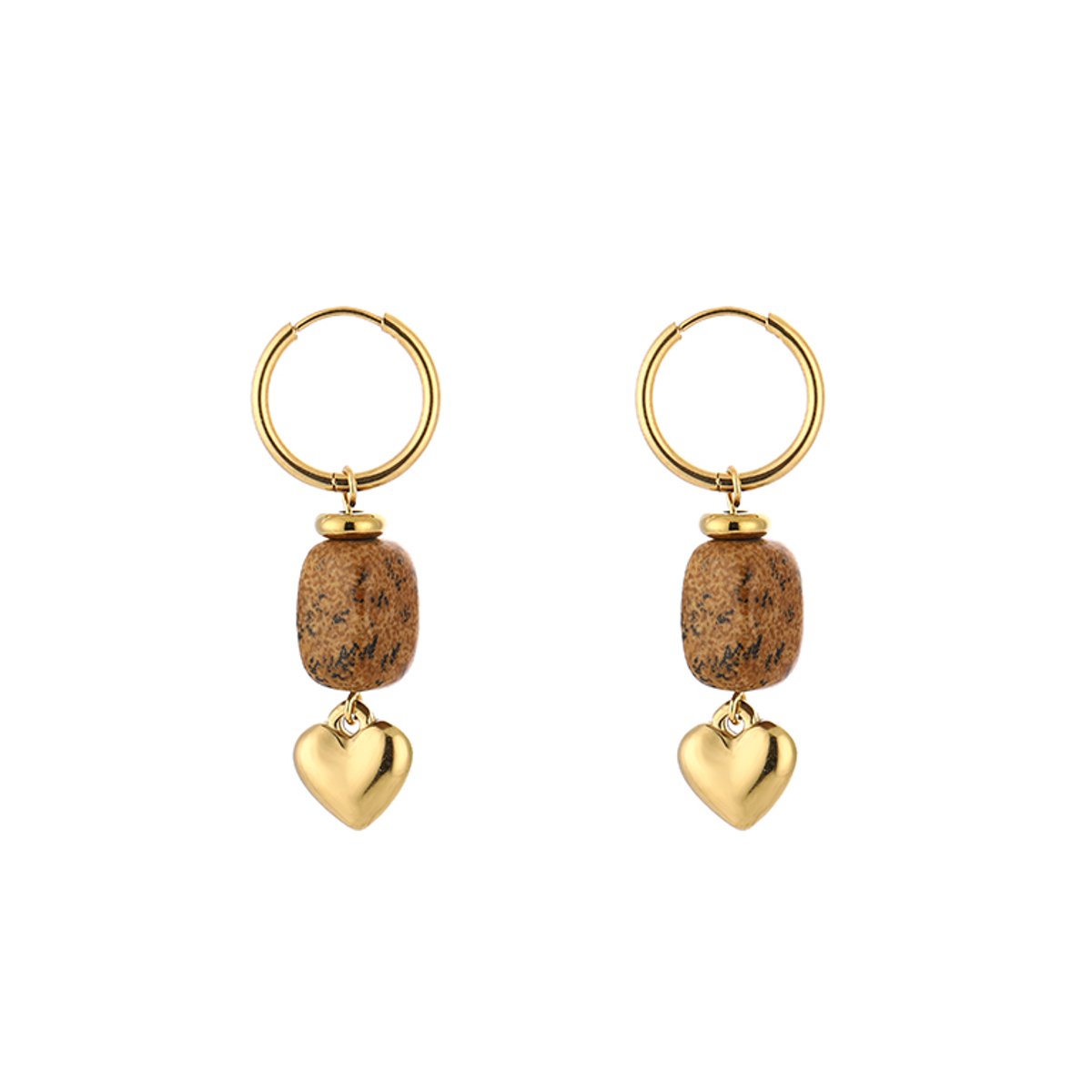 Stainless Steel Gemstone & Puffy Heart Charm Hoops – Luxe Natuursteen & Puffy Hart Oorringen – RVS - Tiger