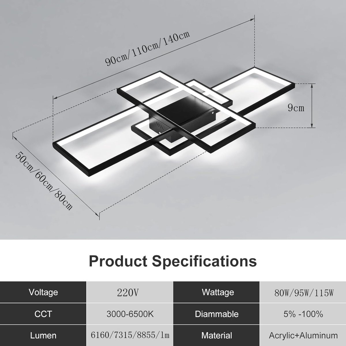 SnelShoppen - LED Plafondlamp Rechthoekig Dimbaar met Afstandsbediening - Aluminium en Acryl - Zwart 90cm voor Woonkamer, Slaapkamer, Moderne Interieu