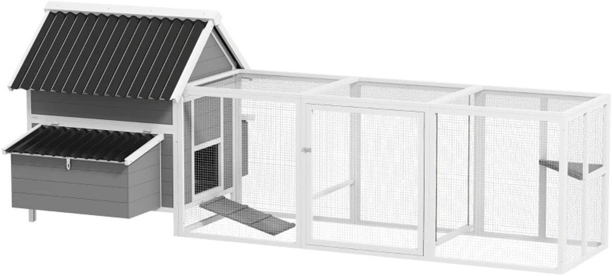 Kippenhok - Kippenren - Met ren - Voor buiten - hout - 283 × 133.5 × 112 cm - Wit, grijs en zwart
