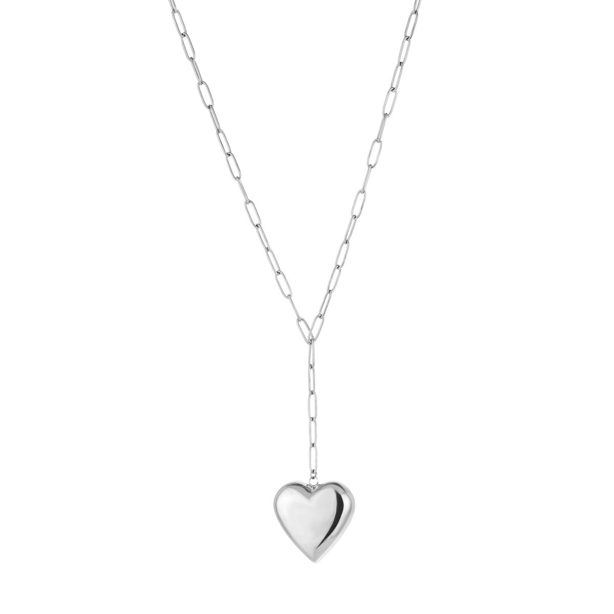 Dames Y-Ketting met XL Hart - Grove Schakelketting - Y-Vormige Ketting met Hart Hanger - Stainless Steel / RVS - 40 cm (+5 cm) - Zilver