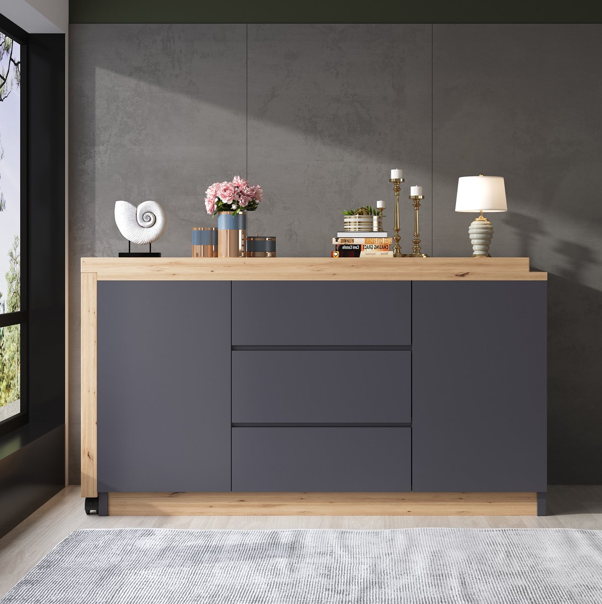MODENUIT Bureau - Draaibaar En Opvouwbaar Blad - Werkplek En Opbergruimte - Spaanplaat - Grijs Eiken - 120x50x76,5 Cm