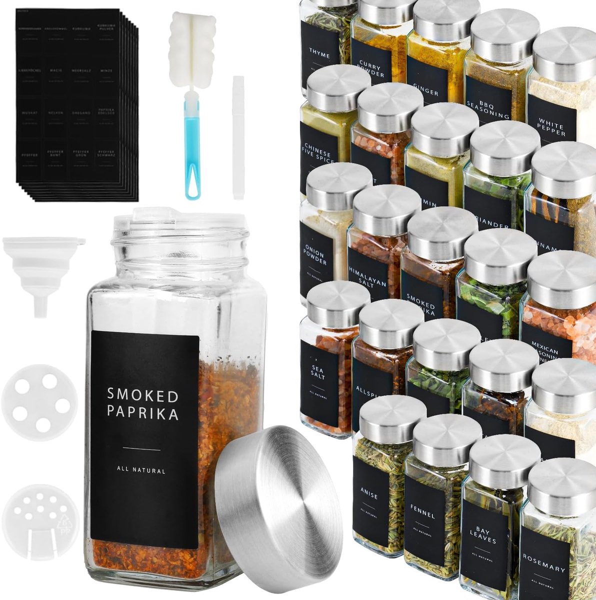 SnelShoppen - Set van 24 Vierkante Specerijpotjes met RVS Deksel, 120 ml, Inclusief 246 Labels, Specerijstrooier, Trechter, Lege Stickers en Reiniging