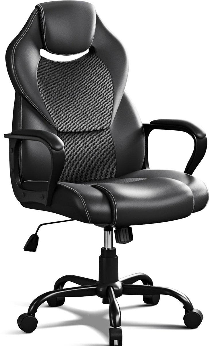 SnelShoppen - Ergonomische Bureaustoel, Directiestoel voor 150 kg, Gamingstoel van PU-leer, Draaistoel met Kantelfunctie, Zwarte PC-stoel met Zachte A