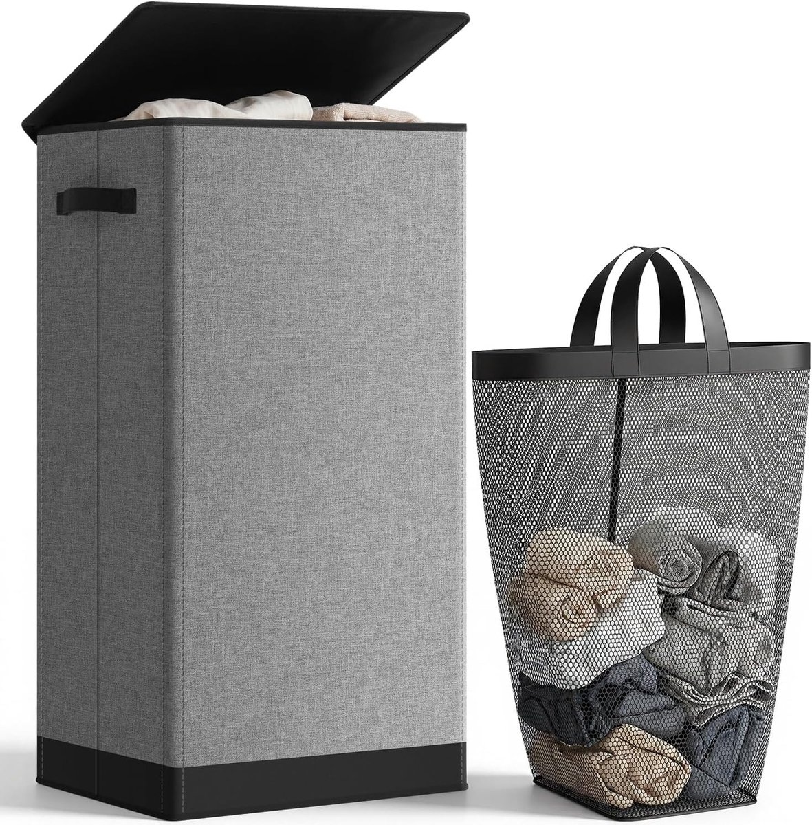 Ruime wasmand met deksel 100L, smalle opvouwbare waszak met uitneembare binnenkant voor slaapkamer, badkamer en babykamer, 42 x 32 x 75 cm, grijs en praktisch ontwerp