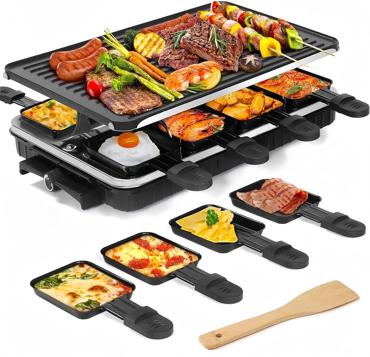 Raclette Grill - Elektrisch Grillen - Binnen Barbecueën - Omkeerbare Grillpan - 8 Personen - Zwart