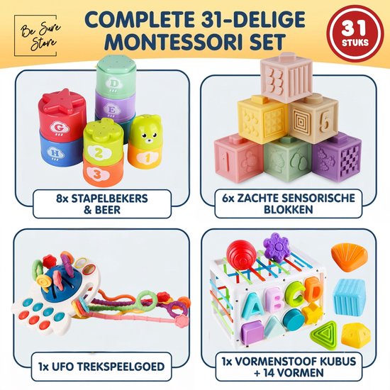 Be Sure Store® 4-in-1 Montessori Speelset - Educatief - Baby Speelgoed - Stapeltoren - Vormenstoof - 31 Delig - Vanaf 1 Jaar van Be Sure Store® — afbeelding 3