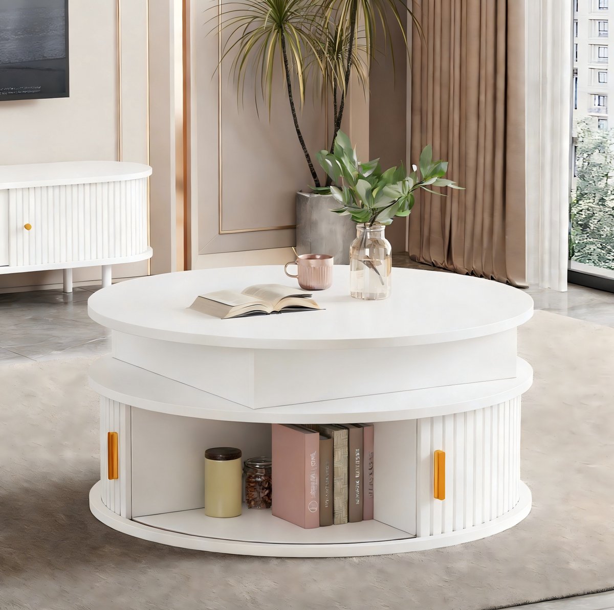 DESMIU Salontafel - Ronde Hoogteverstelbare Tafel Met LED En Opbergruimte - Voor Kleine Woonkamer - MDF Hoogglans Wit - 75x75x52 Cm