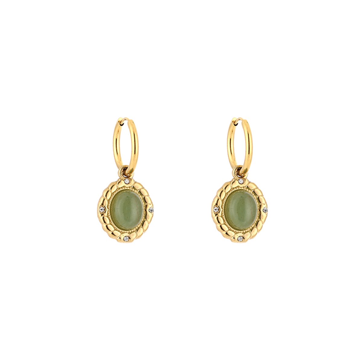 Stainless Steel Vintage Boho Oval Gemstone Charm Hoops – Luxe Boho Ovaal Natuursteen Oorringen – RVS - Groen