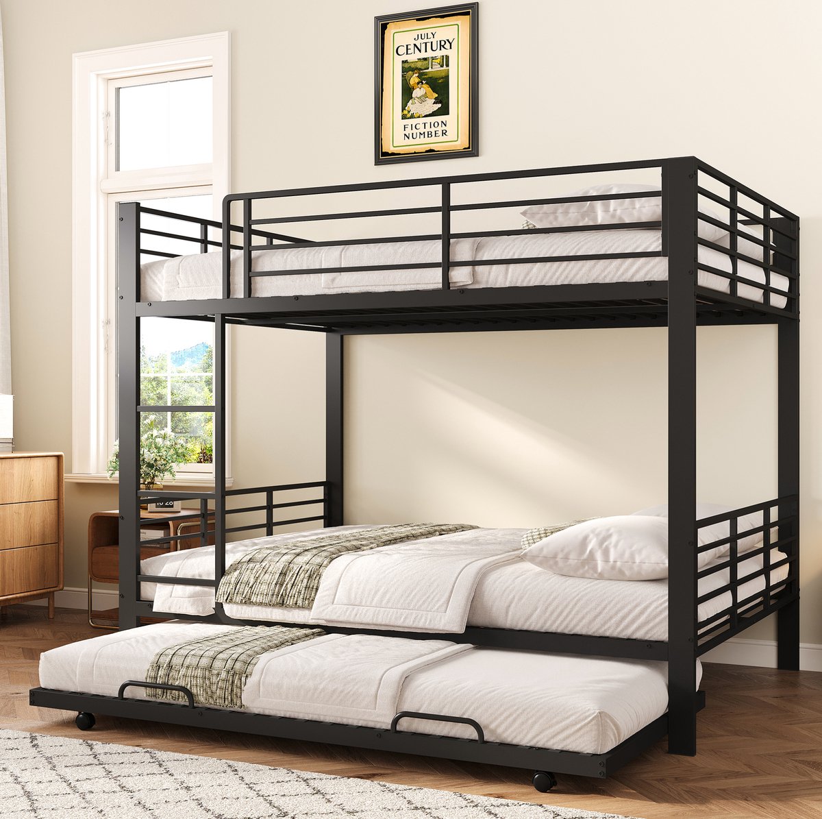 STILVORA Stapelbed 140x200 cm – Met Uitschuifbaar Onderbed En Veiligheidshek – Ladder Voor Kinderkamer – Metaal – Zonder Matras – Zwart