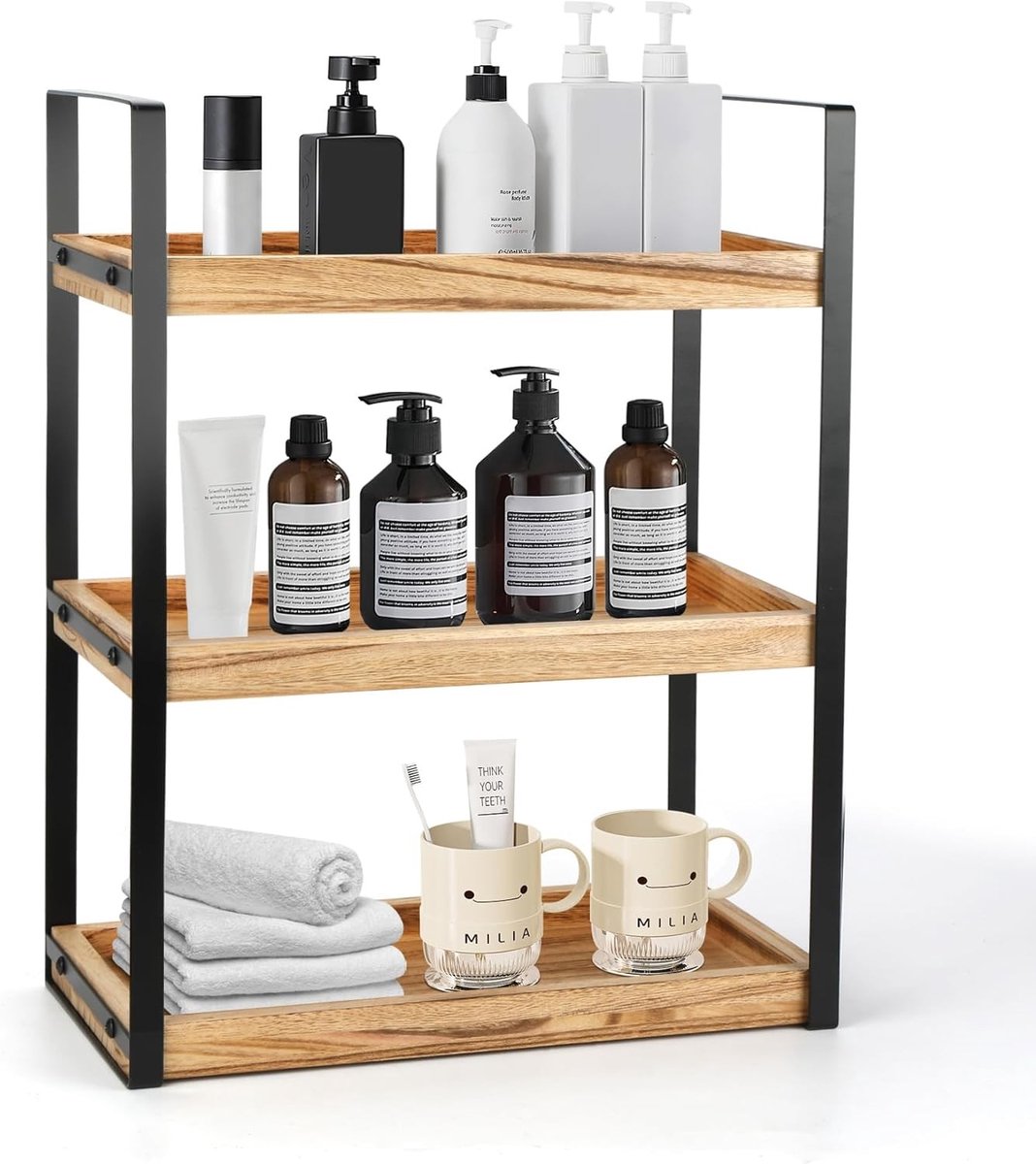 Multifunctionele Badkamerplank met 3 Niveaus - Vochtbestendige Houten Plank met Metaalframe voor Keuken en Kruidenset Organizer