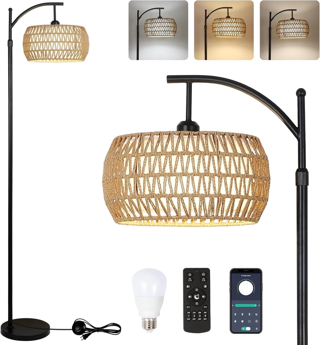 SnelShoppen - Dimbare Vloerlamp voor Woonkamer met Rattan en Linnen Lampenkap, Bohemian Stijl, Afstandsbediening en App Bediening, Vintage Vloerlamp v