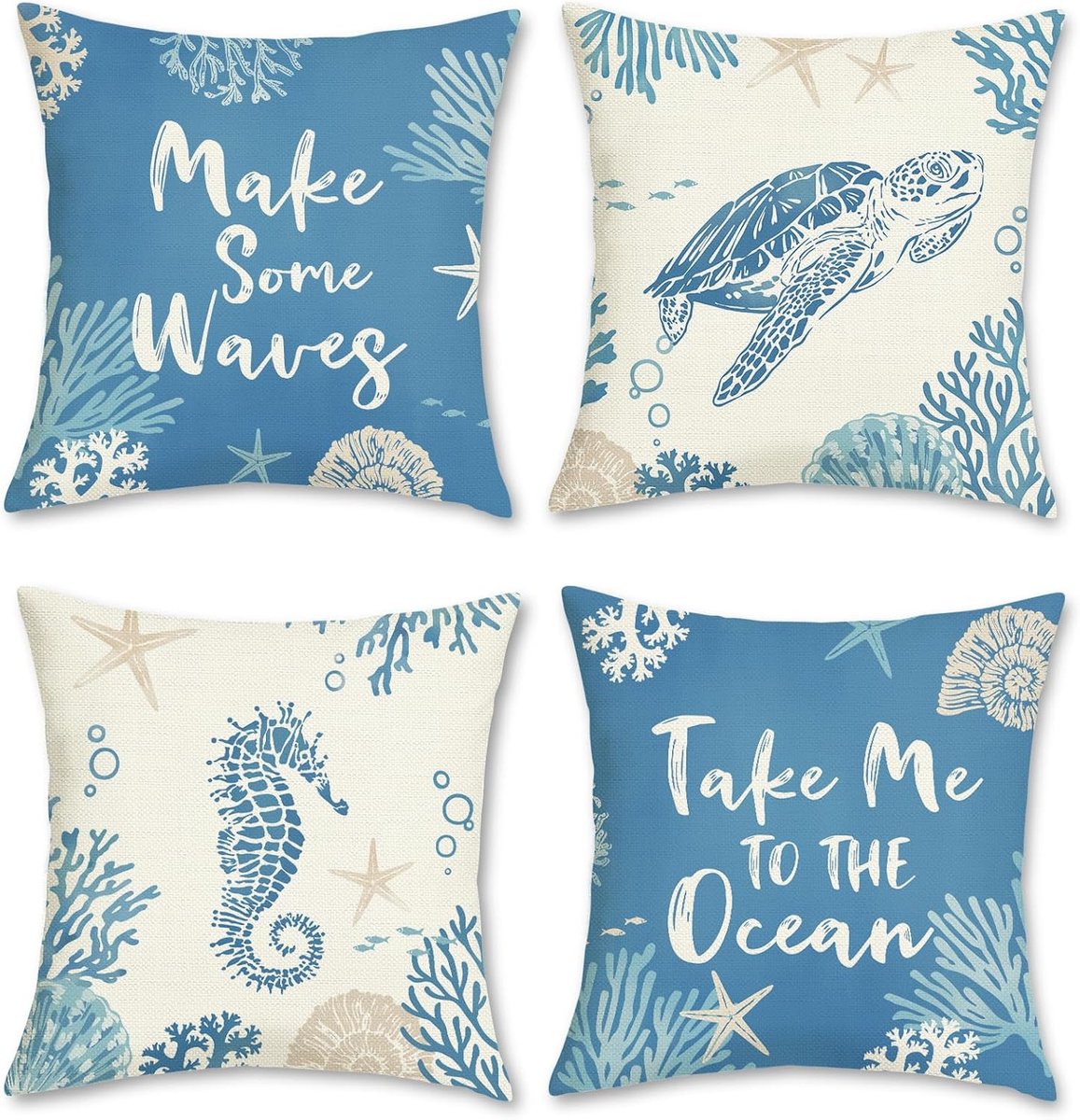 SnelShoppen - Set van 4 Kussenslopen 45 x 45 cm voor Woonkamer - Zomer Kust Zeeschildpad en Zeepaardje Design in Blauw - Polyester Linnen Kussenovertr