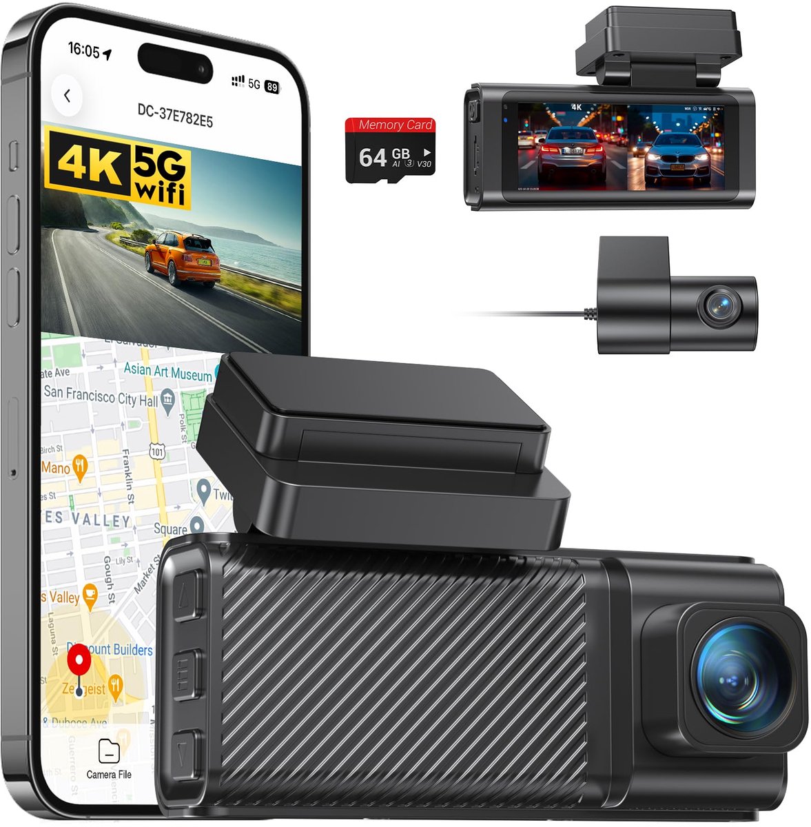SnelShoppen - Dashcam 4K+2.5K Dubbelkanaals Voor en Achter met 5.8GHz WiFi, Ingebouwde GPS, 3.16" IPS Scherm, Nachtzicht, G-Sensor 170°, Parkeerstand,